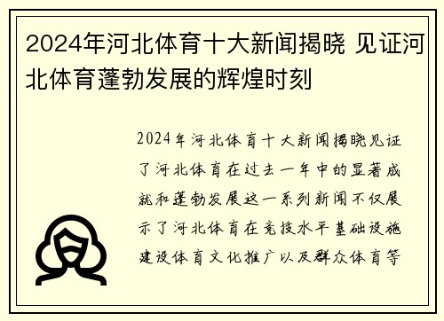 2024年河北体育十大新闻揭晓 见证河北体育蓬勃发展的辉煌时刻